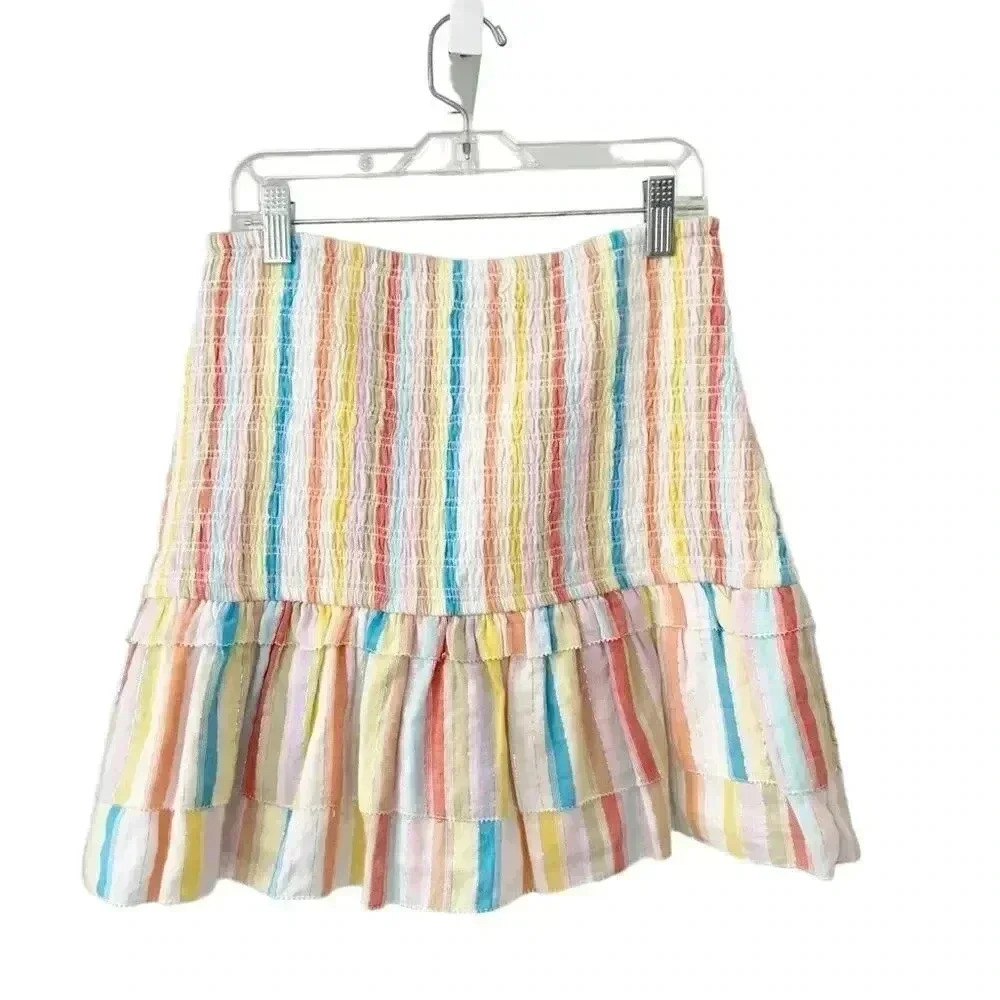 Saylor Zooey Smocked Cotton Rainbow Metallic Stripe Mini Skirt size Medium - Picture 4 of 7